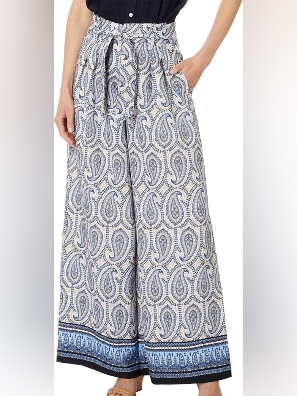 Tommy Hilfiger Blue and Cream Paisley Wide-Leg Pants